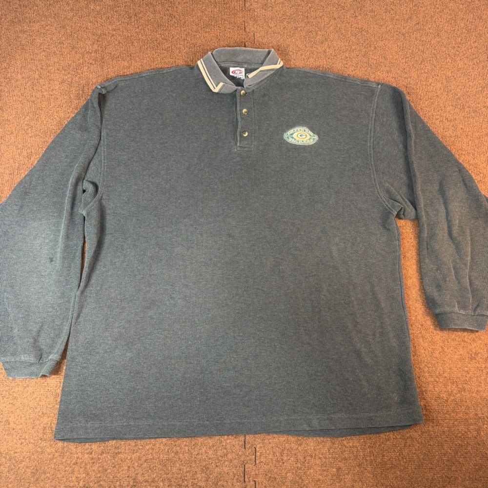 True Fan Green Bay Packers Long Sleeve Polo Shirt Mens XL Gray Ribbed Knit NFL